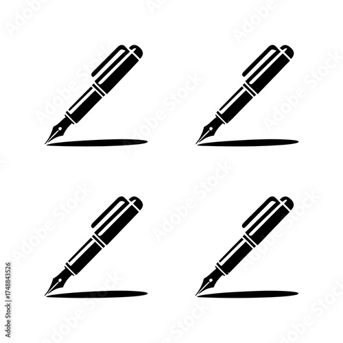 Four black fountain pens drawing shadows on a white surface symbolizing writing and creativity