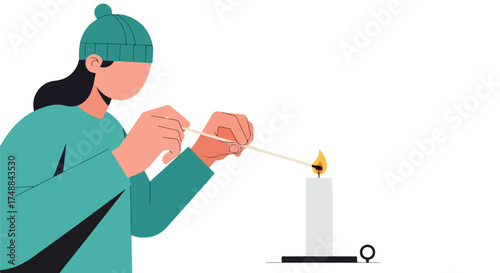 Illustration of a figure in winter attire lighting a candle with a match for comfort and warmth on white isolated background