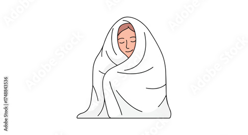 Person enveloped in white blanket expressing comfort and relaxation against a plain backdrop offering a serene and cozy visual representation