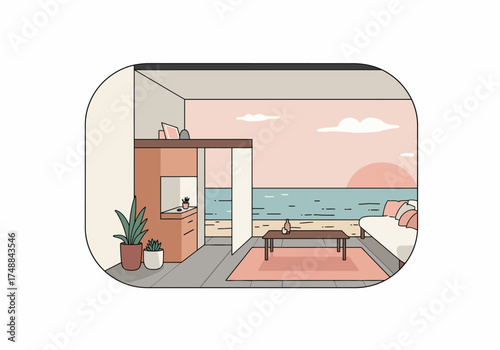Coastal Living Room with Ocean View at Sunset.