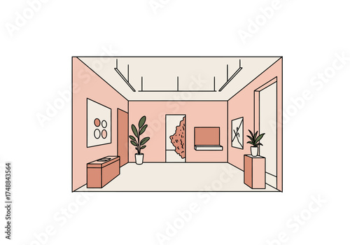 Art Gallery Interior with Paintings and Plants.