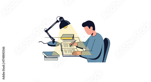 Illustration of a diligent student immersed in academic pursuit under the glow of a desk lamp amidst textbooks and notebooks