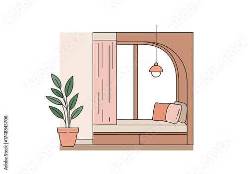 Cozy Window Nook with Plant and Pillows Illustration.
