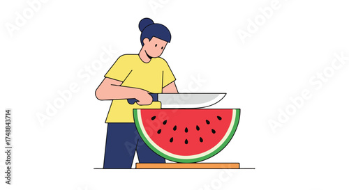 Captivating illustration featuring a person slicing a vibrant watermelon with a sharp knife on a light background