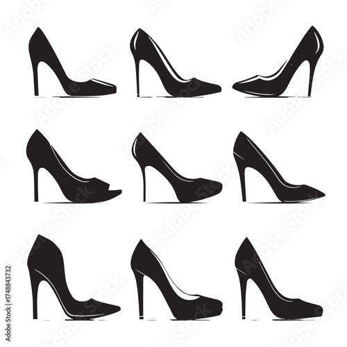 Collection of elegant high heel shoe silhouettes in various styles isolated on white background