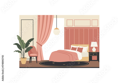 Elegant Bedroom Interior Design with Pink Accents and Cozy Atmosphere.