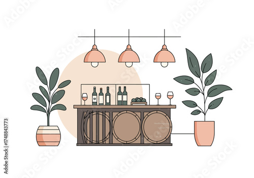Wine Bar Interior with Barrel Counter and Plants Illustration.
