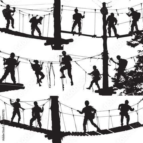 Collection of high ropes course adventure park elements in a black and white silhouette isolated on white background