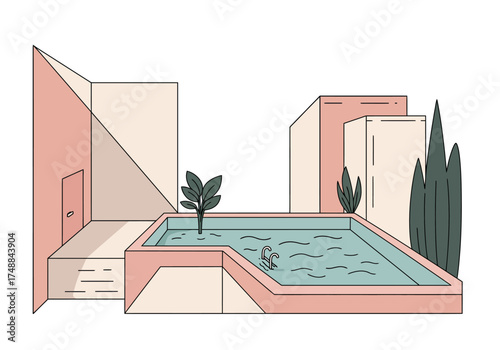 Modern House with Swimming Pool Illustration.