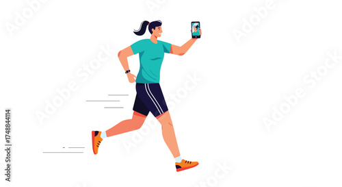 Dynamic illustration of a running woman multitasking with a video call on her smartphone during exercise run