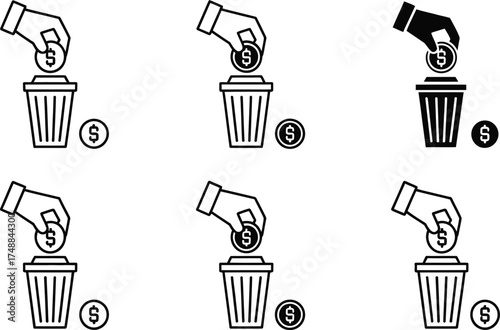 Hand dropping dollar coin into trash can icon set