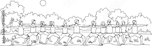 Black and White Line Drawing of People Practicing Yoga Outdoors