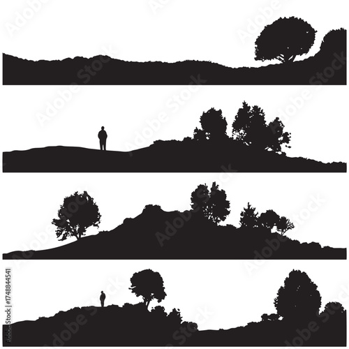 Collection of black and white hill outlines representing diverse landscapes isolated on white background silhouette