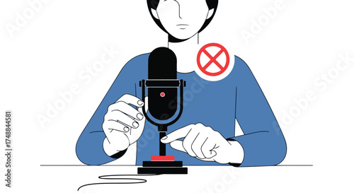 Illustration depicting a person about to make audio adjustments with a superimposed prohibition sign, emphasizing audio concerns