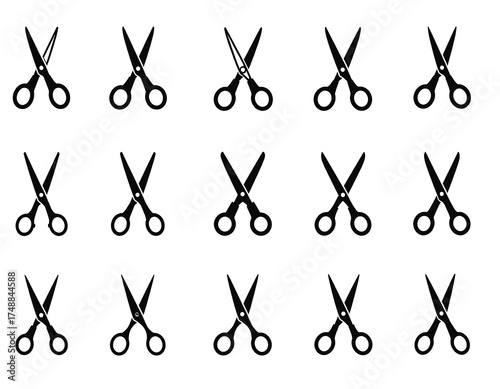 A collection of twelve simple, black scissor icons arranged in a grid against a white background.