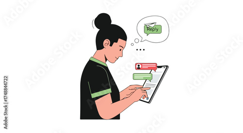 Illustration depicting a woman thoughtfully replying to messages on her tablet device with minimalist design