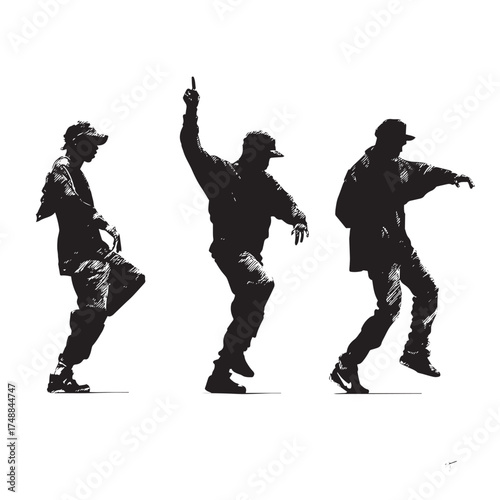 Dynamic hip hop dancer silhouette set in various poses isolated on white background
