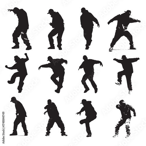 Dynamic hip hop dancer poses in a black and white silhouette isolated on white background