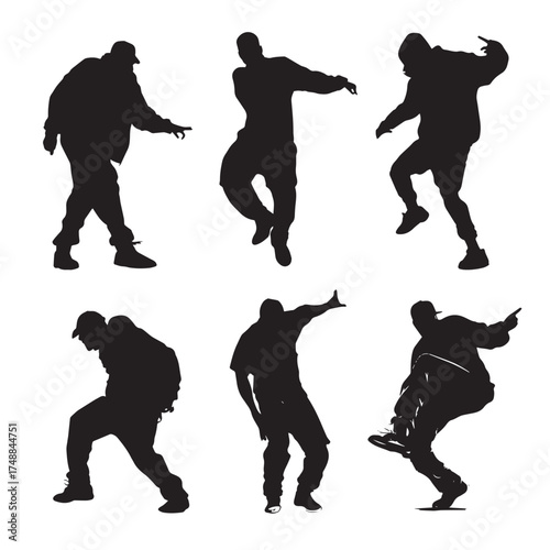 Dynamic hip hop dancer silhouette set in various poses isolated on white background
