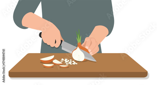Detailed illustration depicting a person slicing an onion on a cutting board in preparation for cooking a nutritious home meal