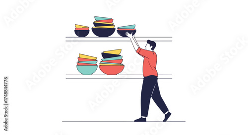 Illustrated man stacking colorful bowls on shelves in a kitchen or pantry showcasing household organization and domestic tasks