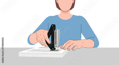 Person using a paper hole puncher on a stack of papers for document organization and office work efficiency task