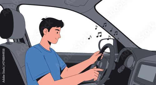 Young man enjoying music while driving on a road trip, adding vibrancy to the commute and capturing the essence of relaxed driving with musical