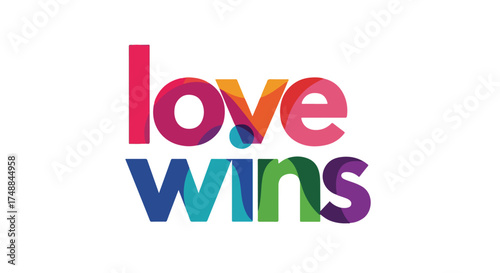 Bold and Colorful 'Love Wins' Typography Design with Overlapping Letters on a White Background conveying unity and support