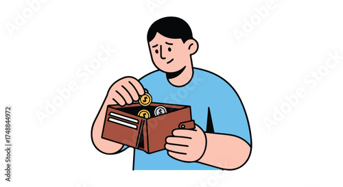 Anxious man counts coins in wallet, illustrating financial concerns and uncertainty amid economic instability or budgeting challenges depiction