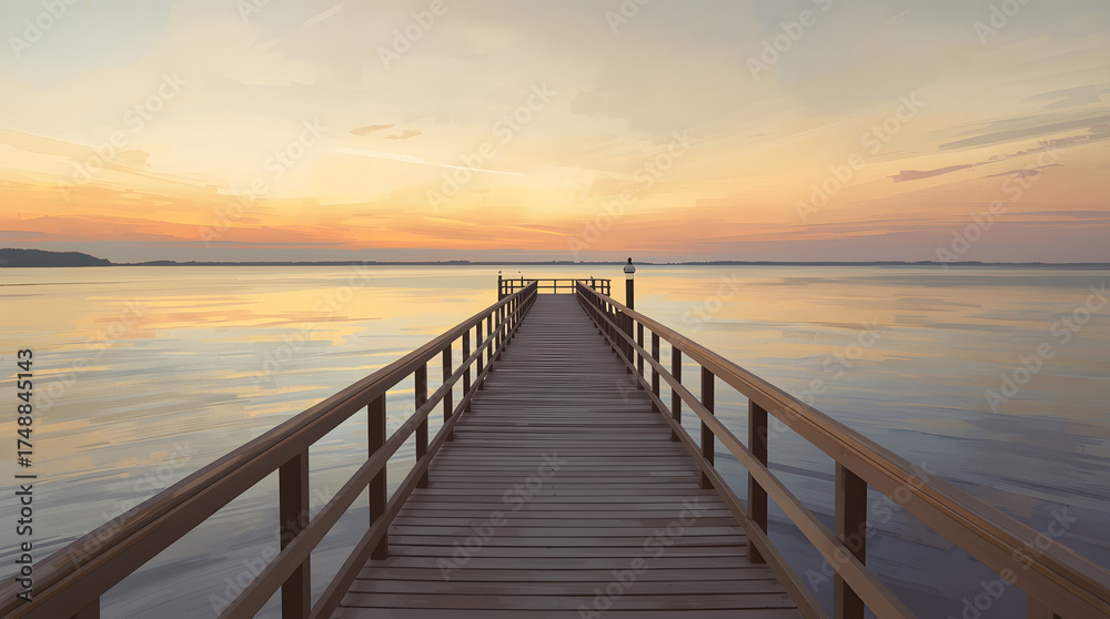Obraz premium Sunset over wooden pier on calm ocean coast with clouds and island on horizon
