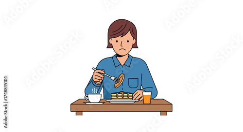 Drawn woman reluctantly eating pancakes with a glum expression during breakfast time at a table
