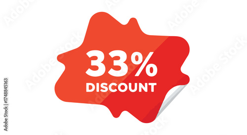 Vibrant red badge displaying a 33 percent discount for promotional sales offers featuring stylized font
