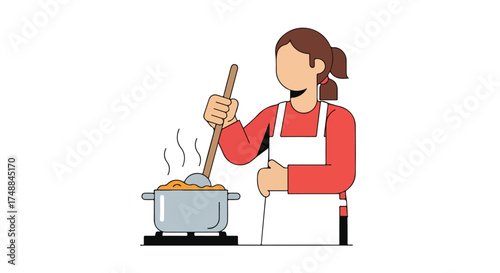 Faceless woman stirring food in a pot on a stove, depicting domesticity and culinary activity with a minimalist vector illustration style