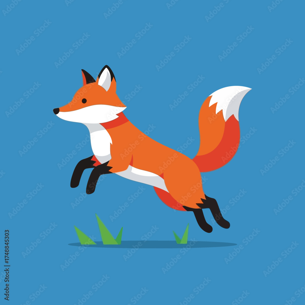 Fototapeta premium Cartoon Fox Leaping Over Grass, Isolated on Blue Background.