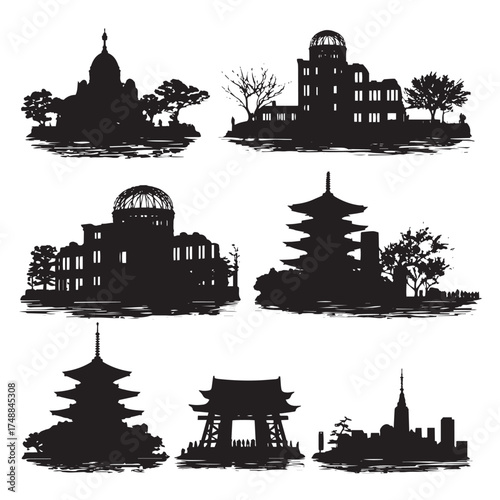 Collection of iconic hiroshima city landmarks and monuments in a striking black and white silhouette isolated on white background