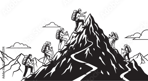 Stylized Black and White Mountain Climbing Scene with Hikers