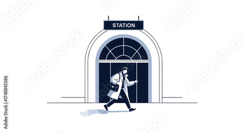 Minimalist illustration of a man walking out from station building, modern monochromatic transportation scene, urban commuters in transit building