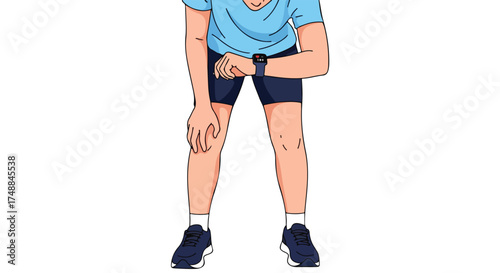 Tired athlete resting after intense training, checking his smartwatch to monitor performance data with illustration style on white background
