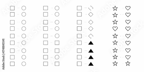 Collection of simple geometric shapes connected by lines representing relationships and data