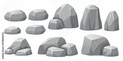 Collection of various gray cartoon rocks and stones isolated on white background