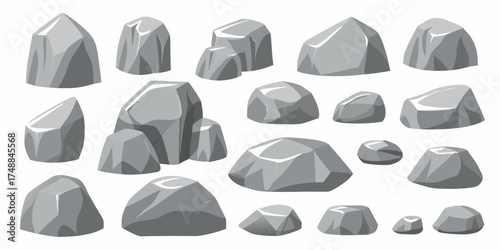Collection of various gray cartoon rocks and stones isolated on white background