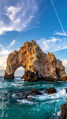 Dramatic coastal scene featuring a towering rock formation with an archway, framed by turquoise waves and a vibrant blue sky filled with soft, fluffy clouds.