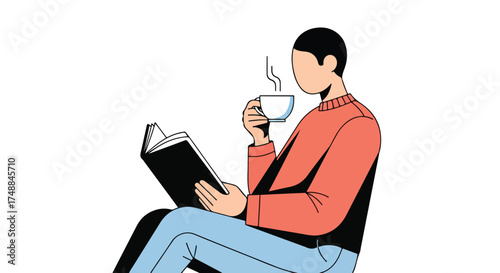 Illustration of faceless man reading a book and sipping coffee in a minimalist style providing calm and relaxation moment
