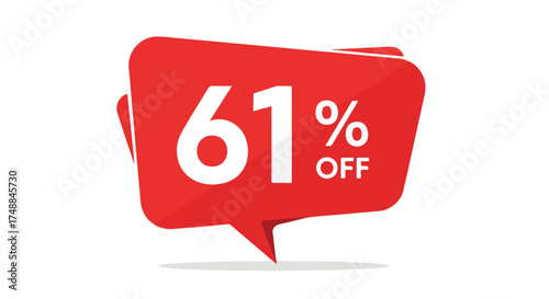 Promotional offer with sixty-one percent discount on a red speech bubble against a plain white background for advertising promotion