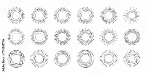 Collection of diverse sunburst and radial designs with varying spoke styles and line weights