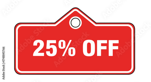 Bright red promotional sale tag featuring a 25 percent off discount offer for store and online shopping