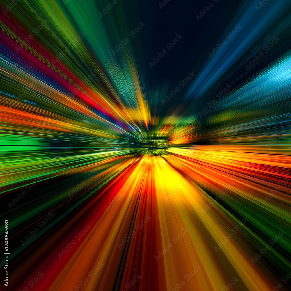 Obraz premium Vibrant multicolored light rays, abstract motion blur background, colorful speed effect, dynamic energy burst