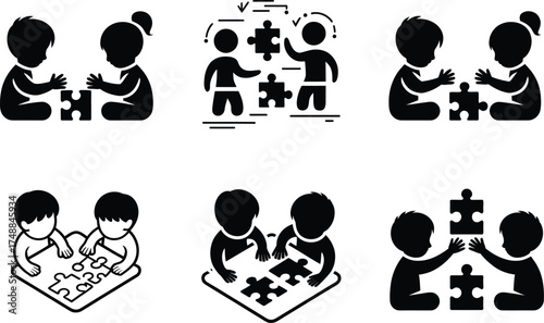 Children Playing with Puzzle Pieces - Icon Set