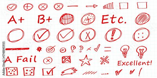 Collection of hand drawn red marks and symbols on a grid paper background for grading and feedback