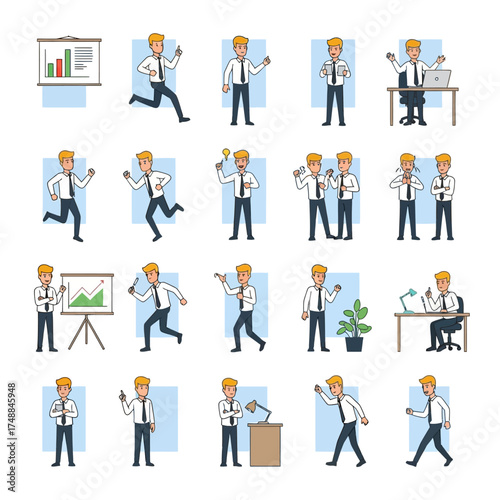 Collection of Business Man Cartoon Character Poses and Actions.